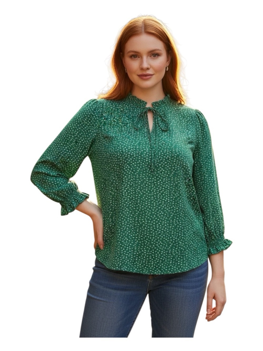 Adrianna Papell Plus Size 3X Emerald Green Tie-Neck Dot Blouse Stretch